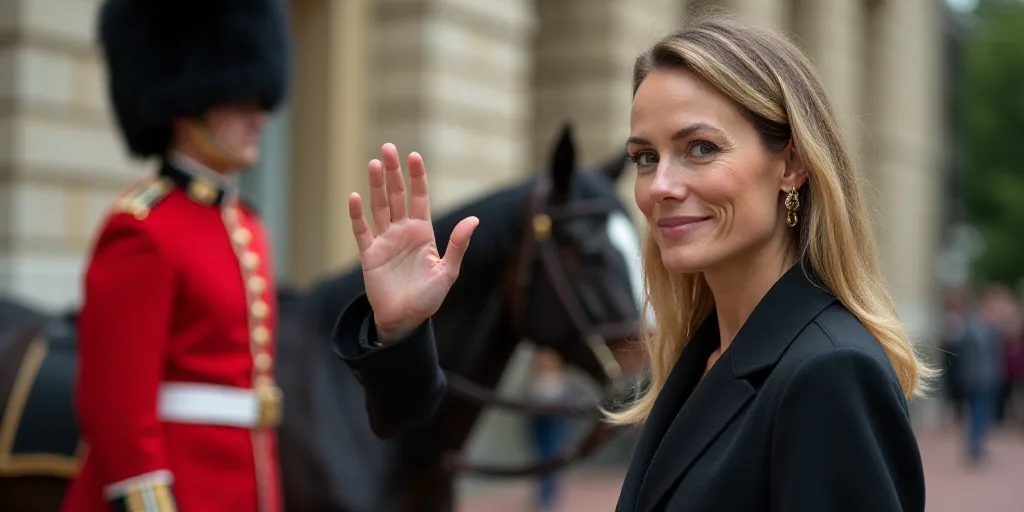 a woman waving and standing in front of a guard guard and a guard horse in uniform in the background