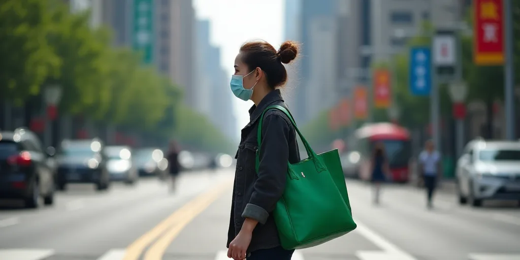 a woman wearing a face mask crossing a street in a crosswalk with a green bag on her shoulder, Cui B