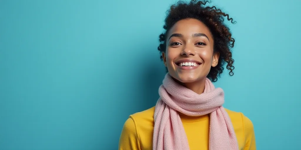 a woman with a scarf on her neck smiling at the camera with a blue background and a black and white