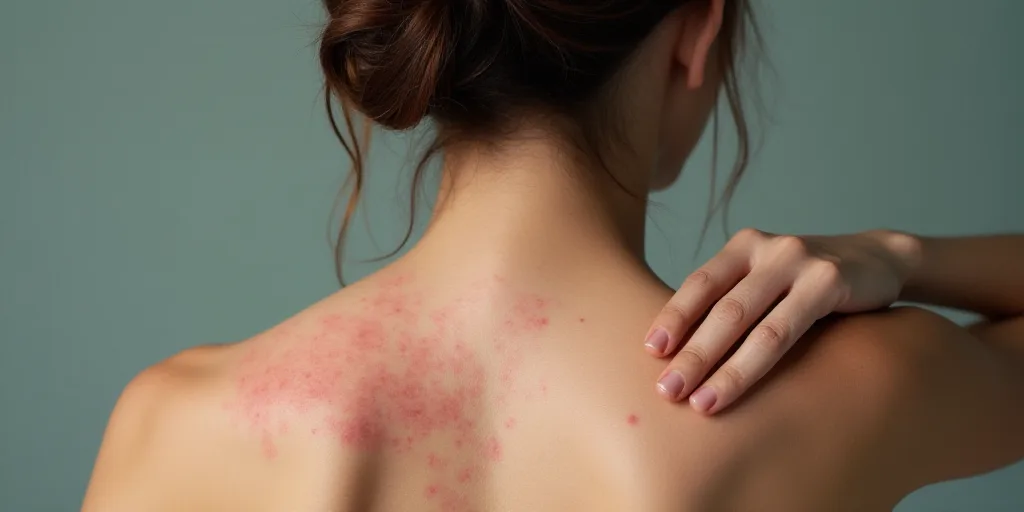 a woman with acne on her back and her hand on her shoulder and her hand on her shoulder, Aquirax Uno