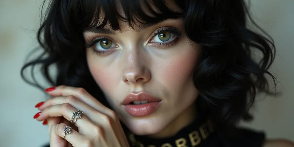 a woman with black hair and a black dress with a silver ring on her finger and a black and white dre