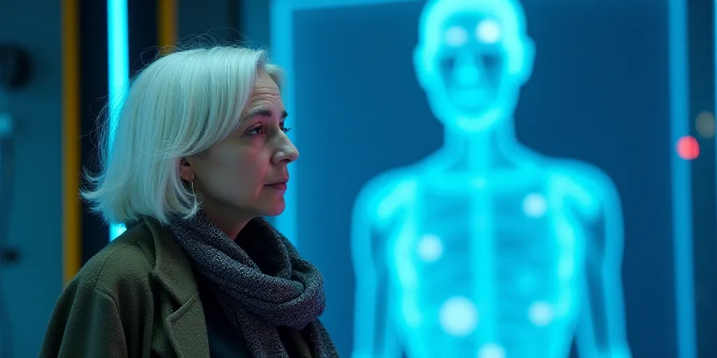 a woman with white hair and a scarf around her neck is standing in front of a blue background with a
