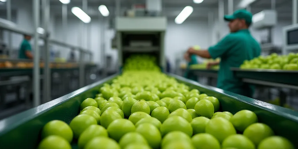 a worker in a factory sorting green fruit on a conveyor belt with a machine in the background and a