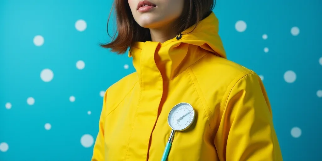 a yellow jacket with a thermometer attached to it and a blue background with white dots and lines, A