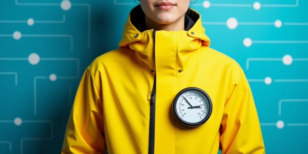 a yellow jacket with a thermometer attached to it and a blue background with white dots and lines, A