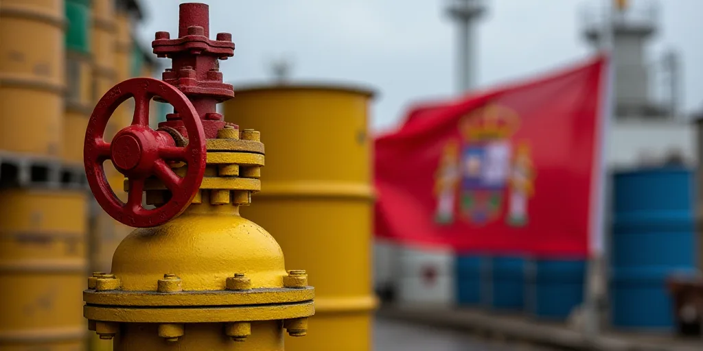 a yellow valve with a red valve on top of it next to a stack of oil drums and a flag, Aquirax Uno, o