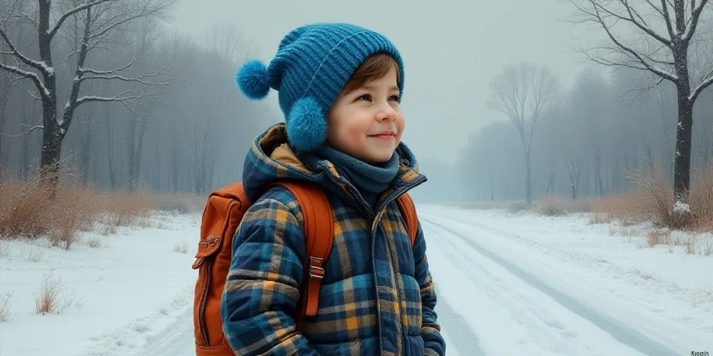 a young boy wearing a blue hat and a plaid jacket and a backpack with a blue ear flap and a blue ear