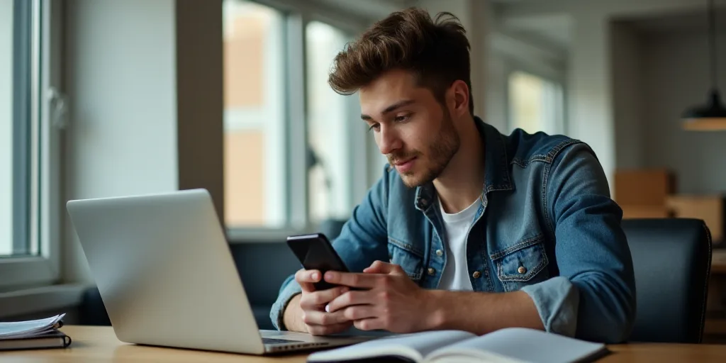 a young man sitting at a desk with a laptop and a cell phone in his hand and looking at his cell pho