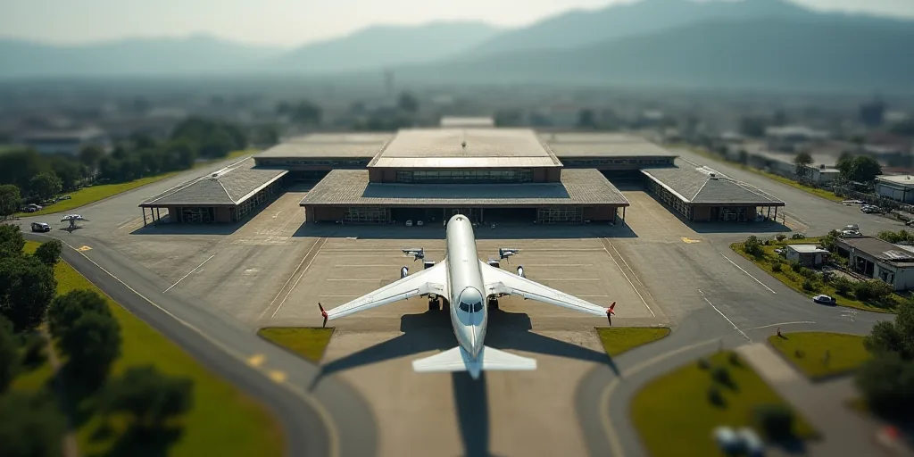 an aerial view of a large airport with a plane parked in front of it and a building with a large roo