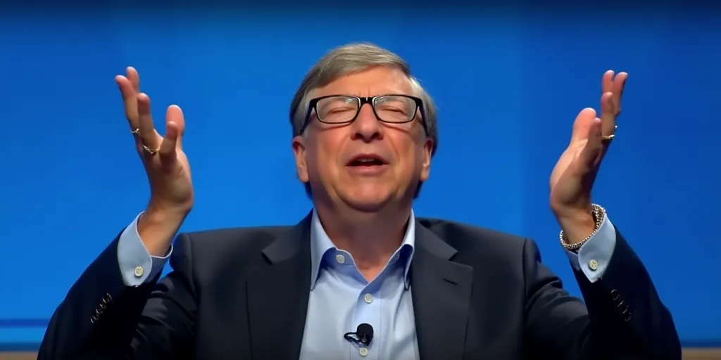 bill gates speaking on a television set with his hands up in the air and his eyes closed, with a blu