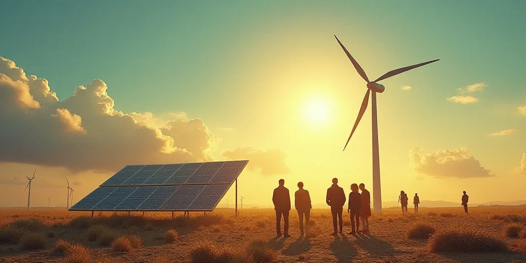 people standing around a solar panel and a wind turbine with a sun above it and a map of the world,