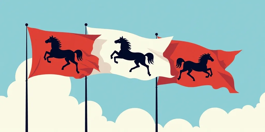 three flags with a horse on them flying in the sky with a sky background and a blue sky with clouds,