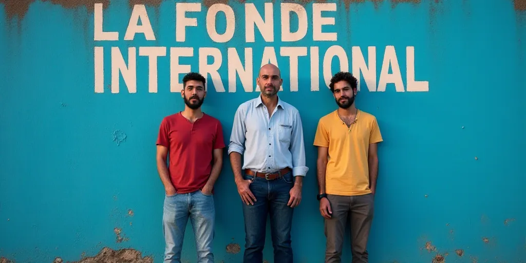 three men standing next to each other in front of a blue wall with a sign behind them that says la f