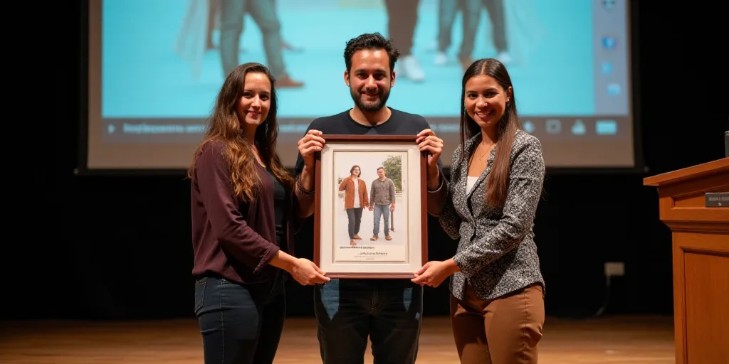 three people holding up a picture of a couple of people in front of a stage with a large screen, Car