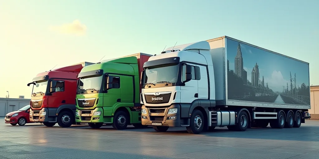 three trucks parked in front of a building with a billboard on it's side and a car parked in front o