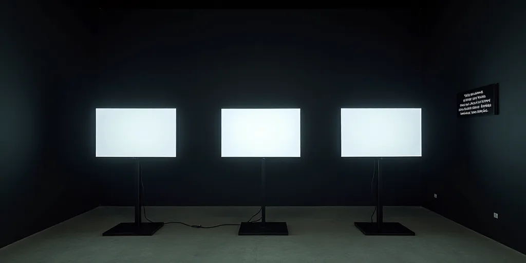 three white screens are on a stand in a room with a black wall and a black and white sign, Évariste
