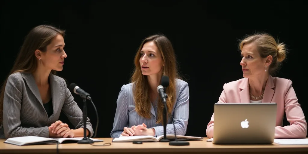three women sitting at a table with microphones in front of them and a laptop computer in front of t