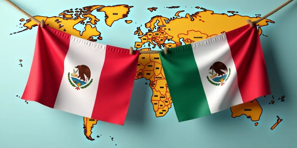 two flags are hanging from hooks in front of a map of the world and a map of mexico and mexico, Aqui
