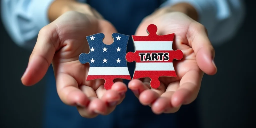 two hands holding a piece of puzzle with the word tarifs on it and the american flag on it, Andries