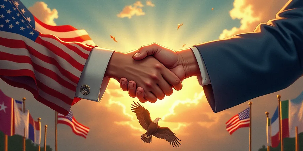 two hands shaking each other over a picture of flags and a flag of the united states behind them wit