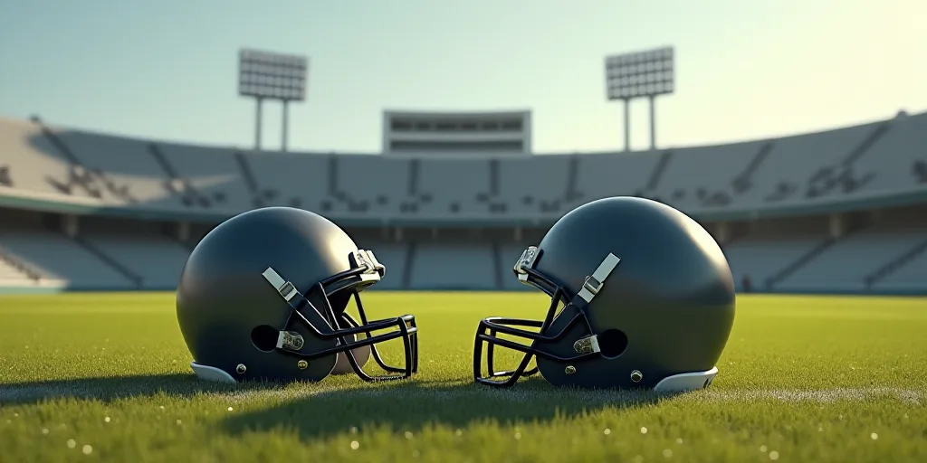 two helmets are sitting on the ground in front of a stadium building with a football field in the ba