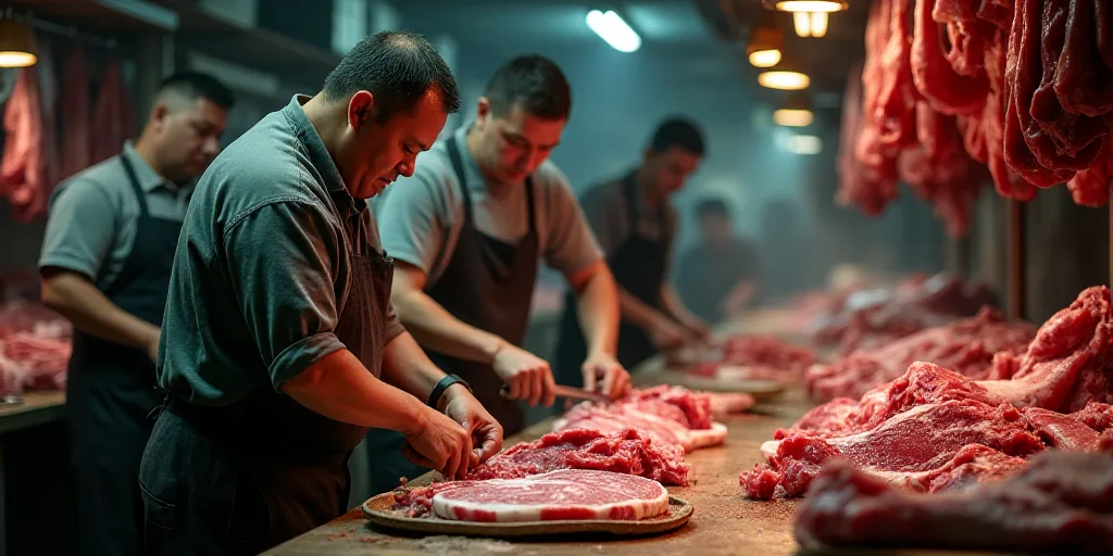 two men are cutting up meat in a butcher shop with other men in the background looking at them and a