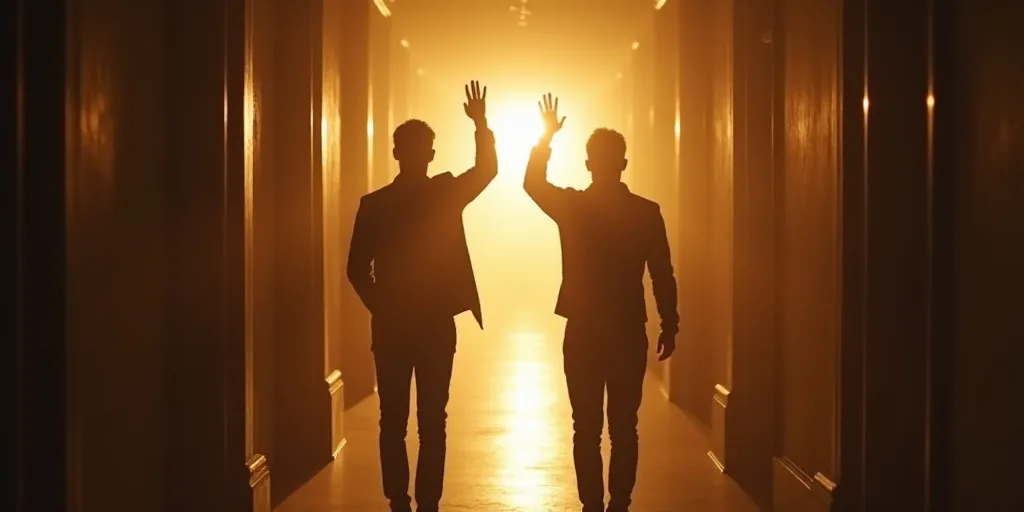 two men are standing in a hallway with their arms up in the air and one man is holding his hand up,