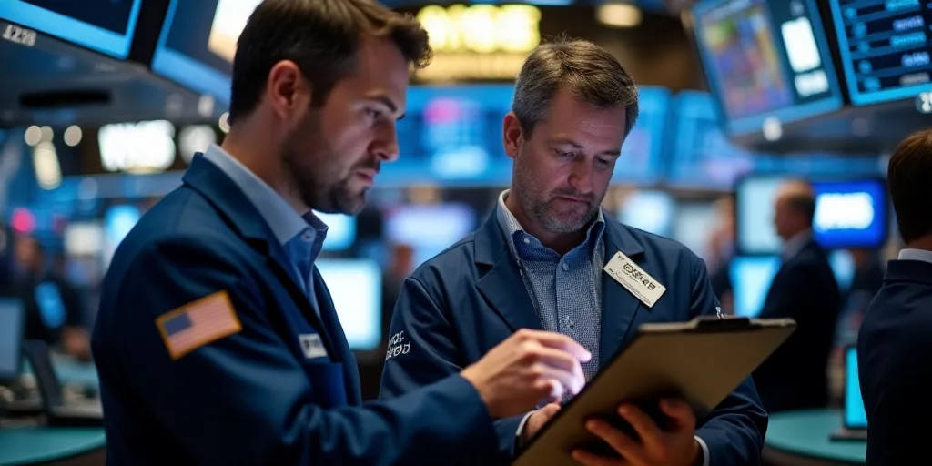 two men in a stock market looking at a tablet computer screen and discussing something on a clipboar