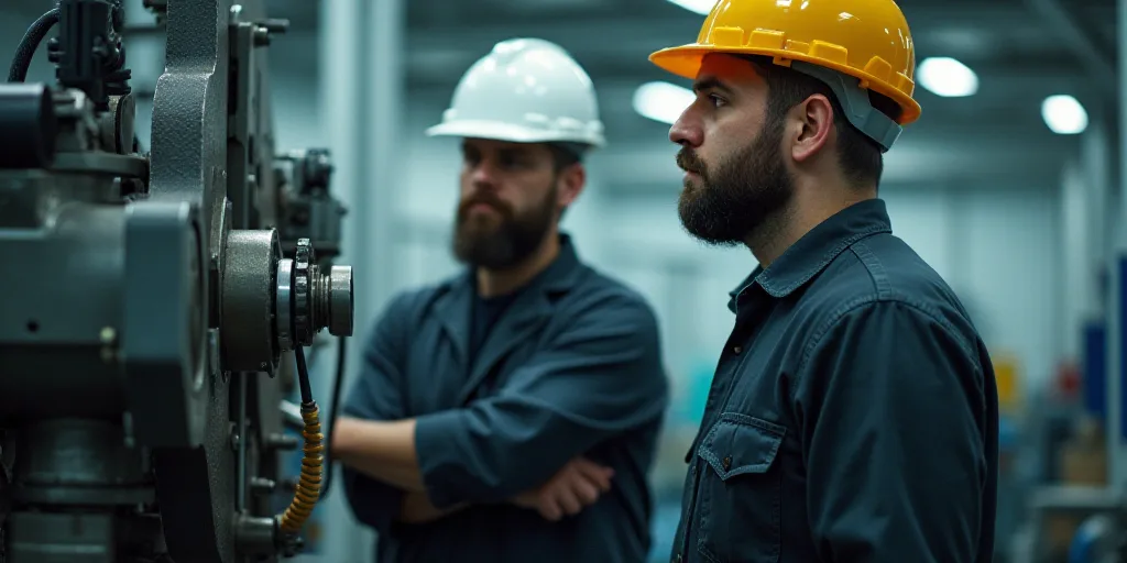 two men in hard hats look at a piece of equipment in a factory with a machine in the background, Dah