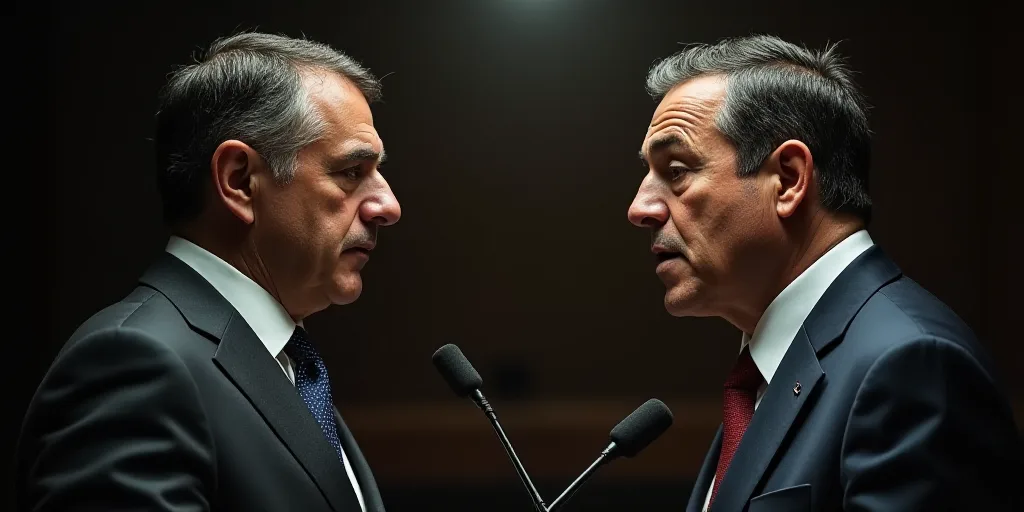 two men in suits and ties are facing different directions and the same man is speaking into a microp