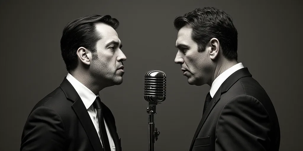 two men in suits and ties are facing different directions and the same man is speaking into a microp