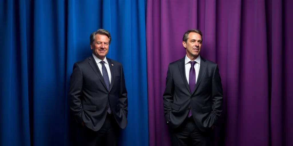 two men in suits and ties standing next to each other in front of a blue curtain and a purple curtai
