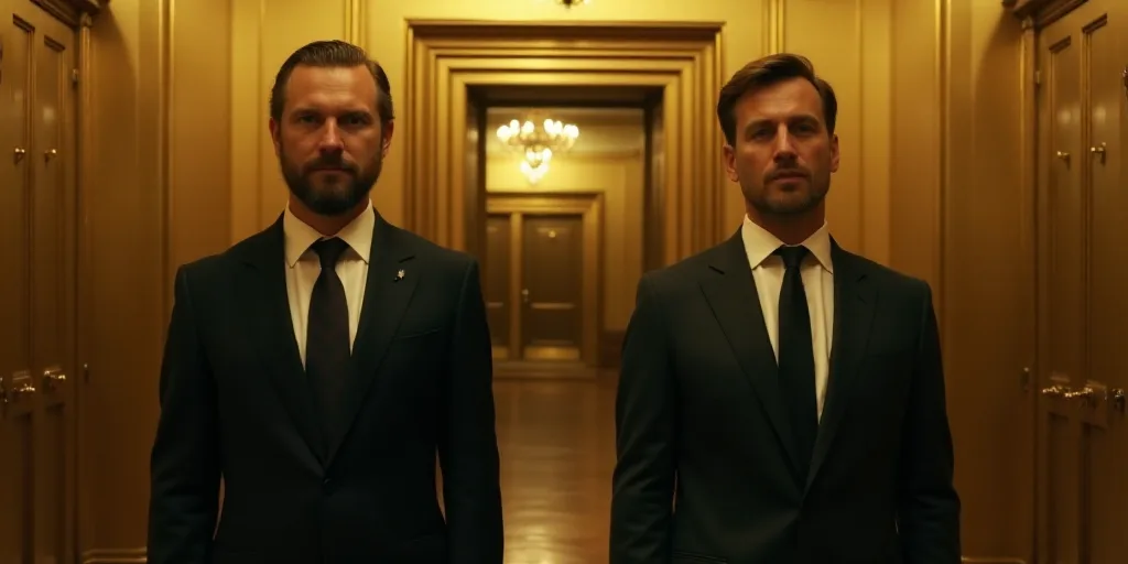 two men in suits standing next to each other in a room with gold walls and a doorway with a door, Ar