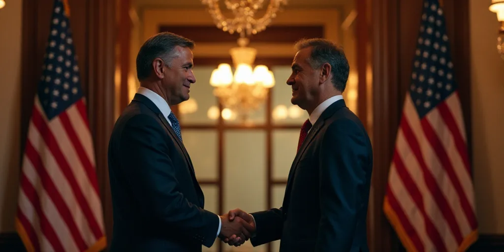 two men shaking hands in front of two american flags and a doorway with a chandelier hanging from it