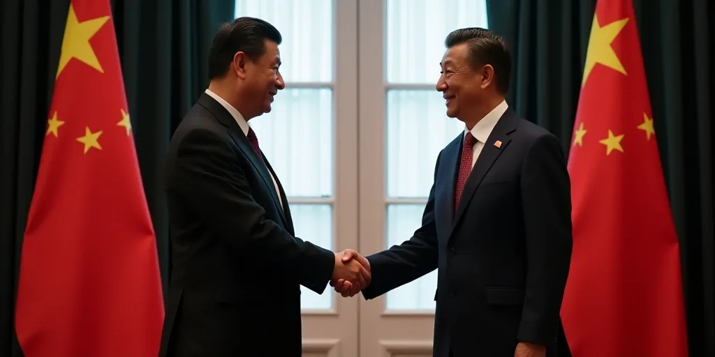 two men shaking hands in front of a flag and a window with a black curtain behind them and a white a