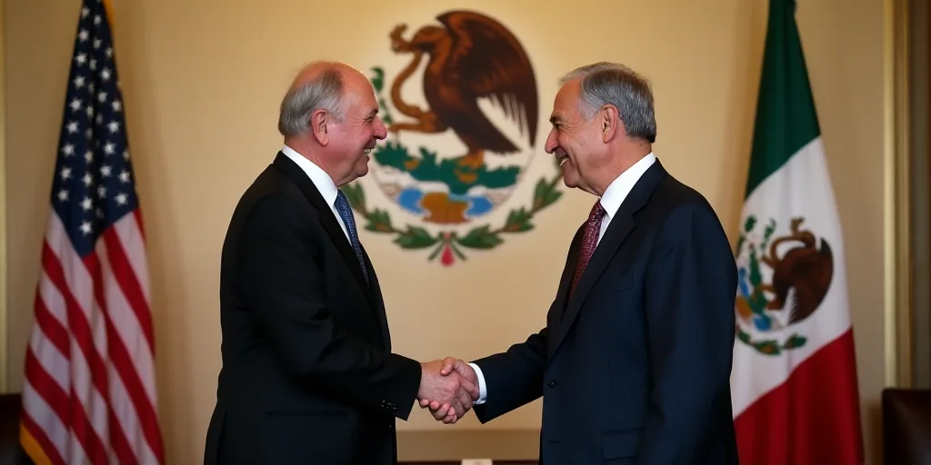 two men shaking hands in front of flags and a seal of the united states of america and mexico on the