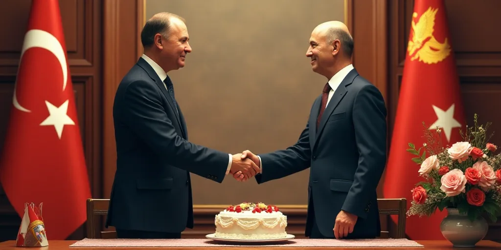 two men shaking hands in front of flags and a table with a cake on it and a vase with flowers, Boris