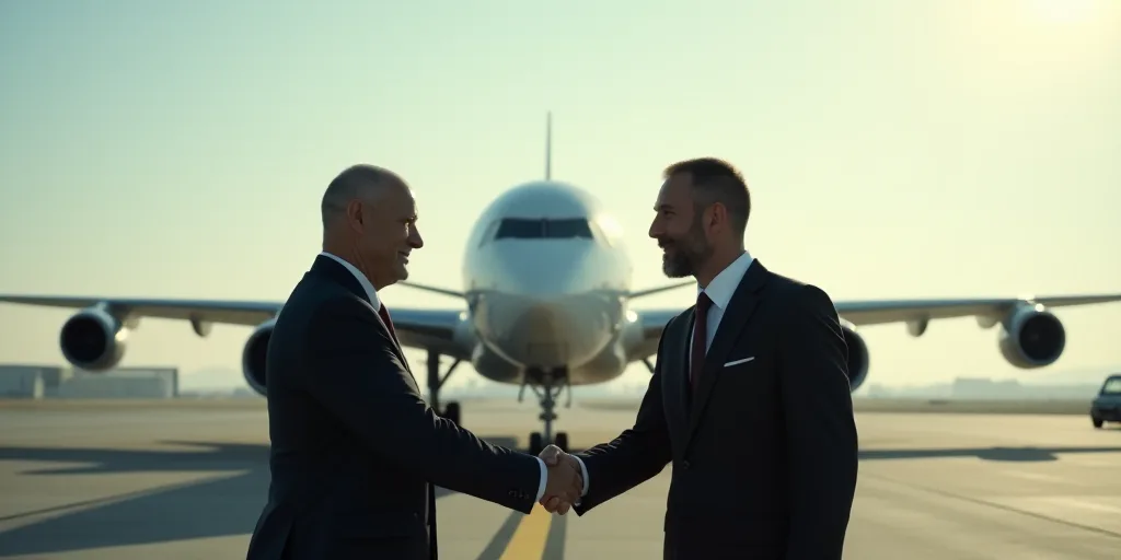 two men shaking hands in front of a plane on the runway of an airport with a plane in the background