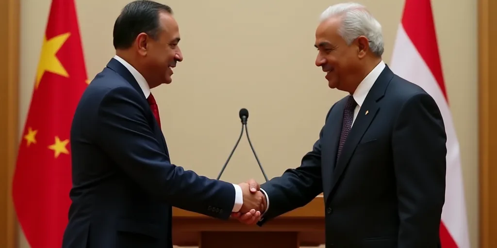 two men shaking hands in front of flags and a podium with a microphone in front of them and a man in