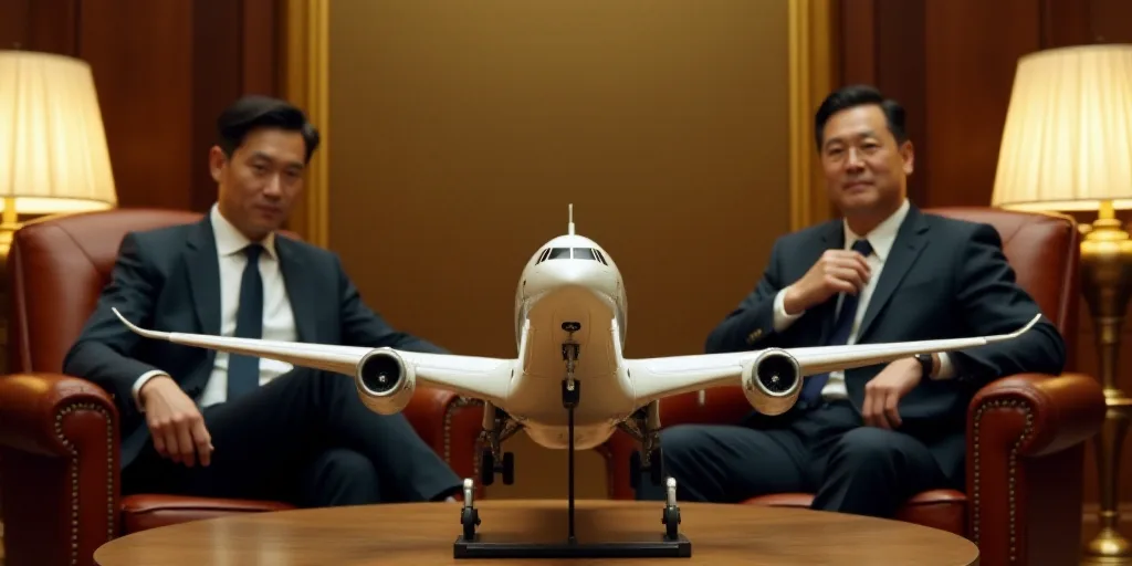 two men sitting in chairs in a room with gold decorations and a model airplane on the table in front