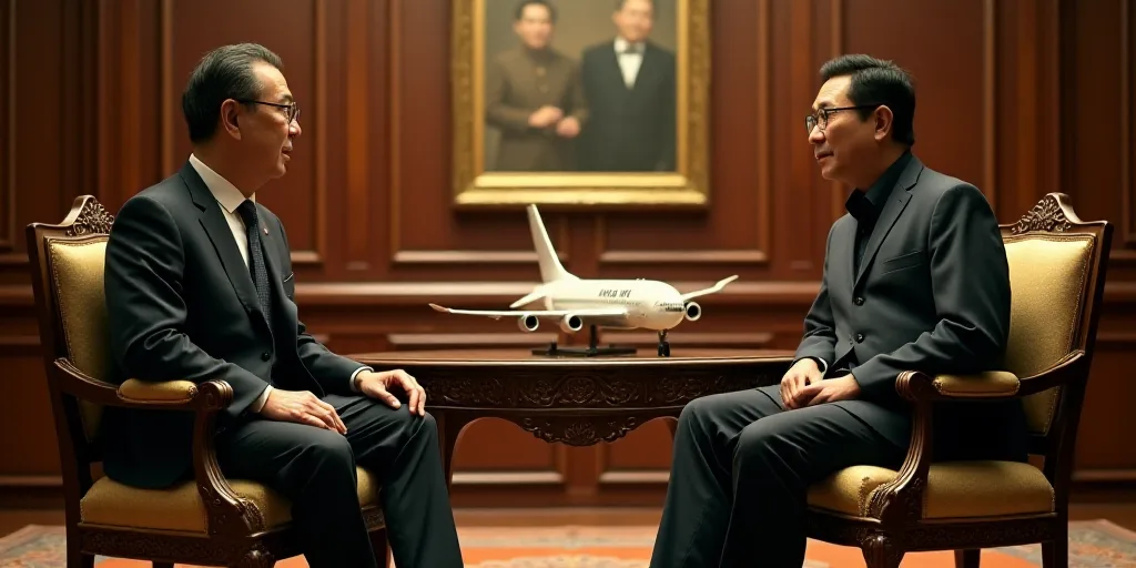 two men sitting in chairs in a room with gold decorations and a model airplane on the table in front