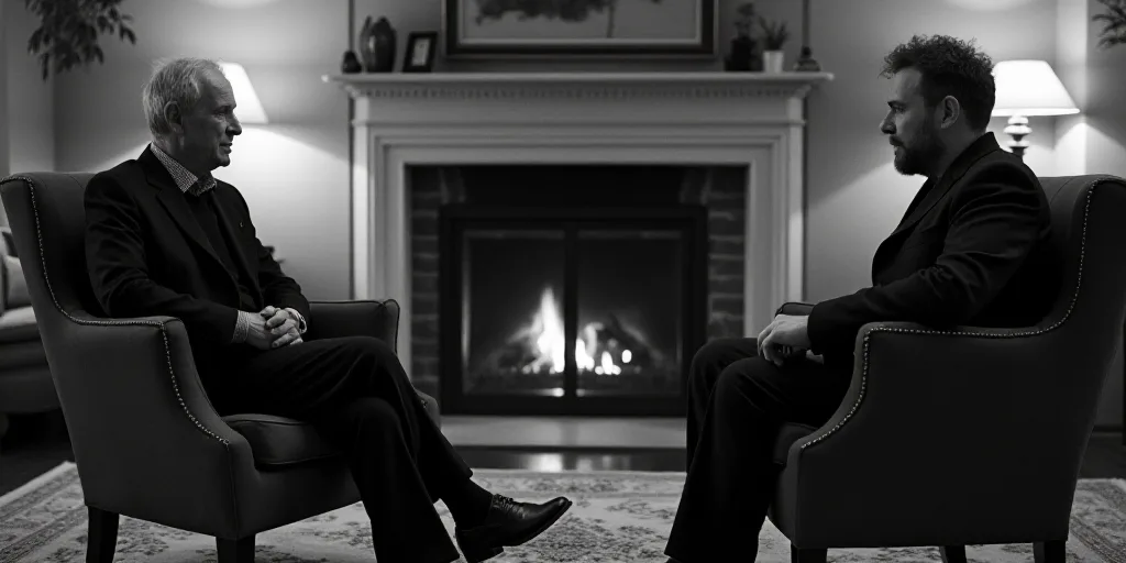 two men sitting in chairs talking to each other in a room with a fireplace and a wall with a paintin