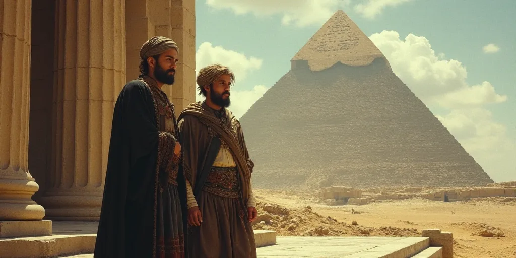 two men standing next to each other in front of a building with a pyramid in the background and a py