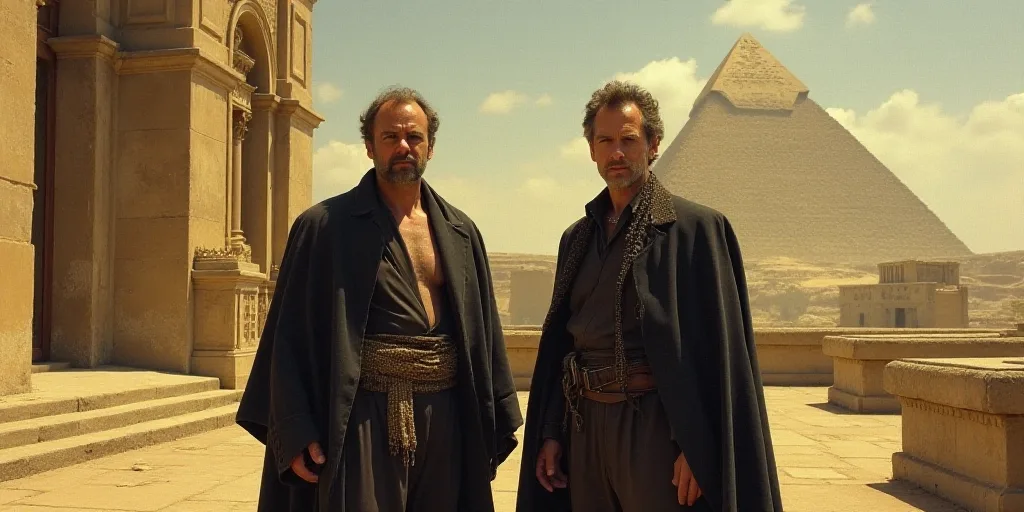 two men standing next to each other in front of a building with a pyramid in the background and a py