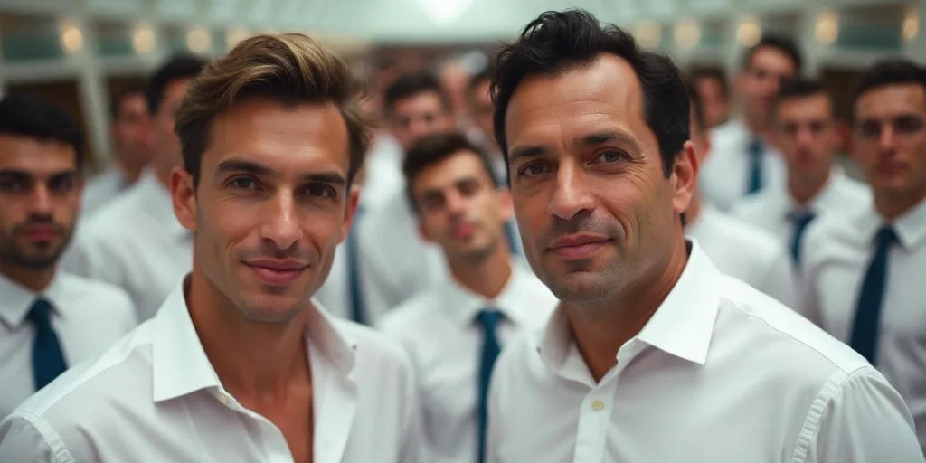 two men standing next to each other in front of a crowd of people in white shirts and ties and a man