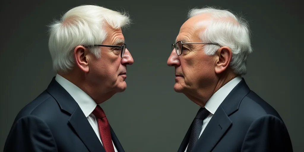 two men with white hair and glasses are facing each other and one is wearing a suit and tie and the
