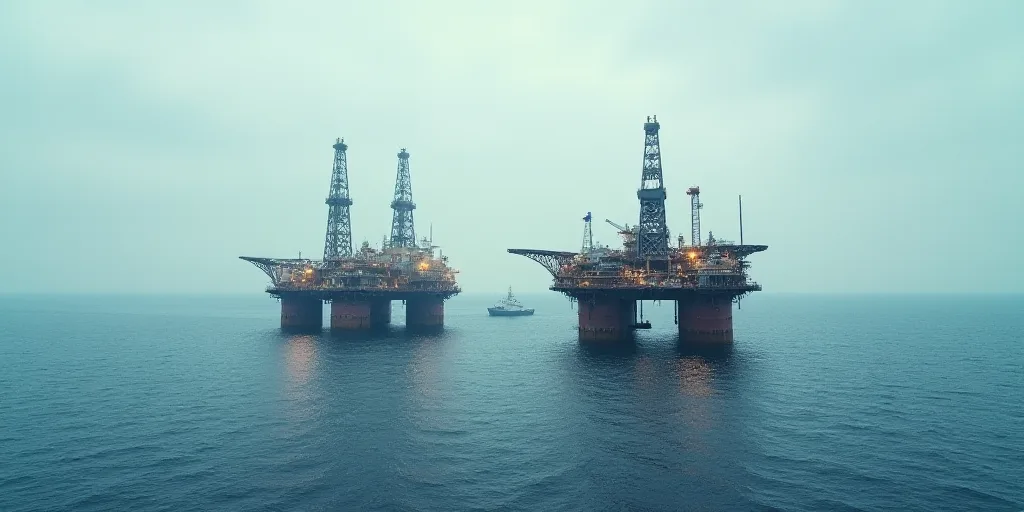 two oil rigs in the middle of the ocean with a sky background and a boat in the water, Constant Perm