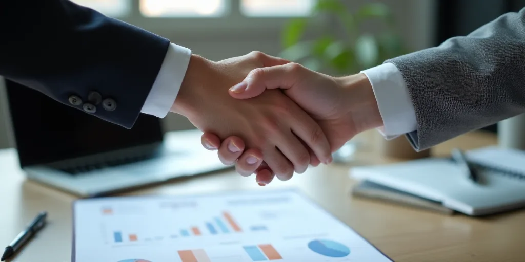 two people shaking hands over a piece of paper on a desk with a laptop and papers on it,, Andries St