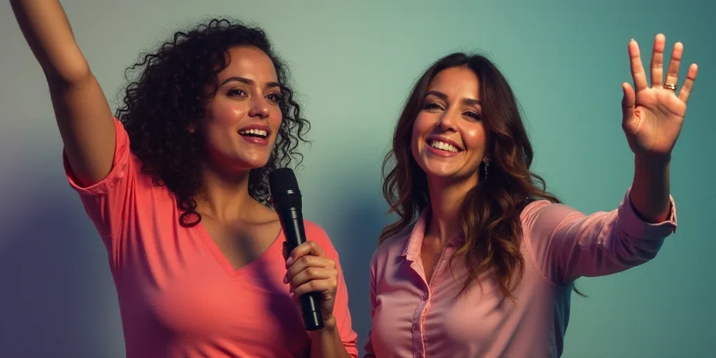 two women are shown with their hands up and one is holding a microphone and the other is waving her