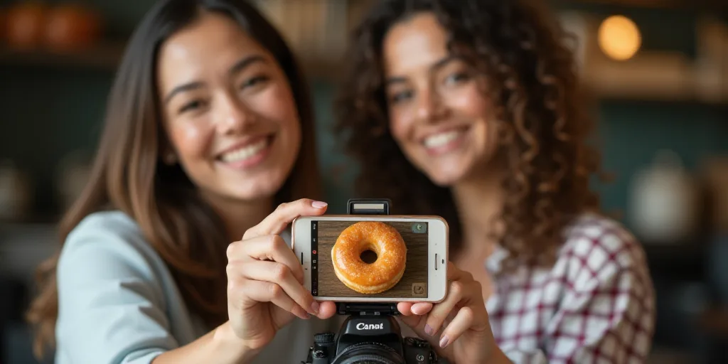 two women taking a picture of a doughnut with a camera and a phone in front of them,, Andries Both,
